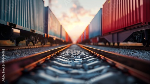 Container train on railway with vanishing point perspective, minimal background.