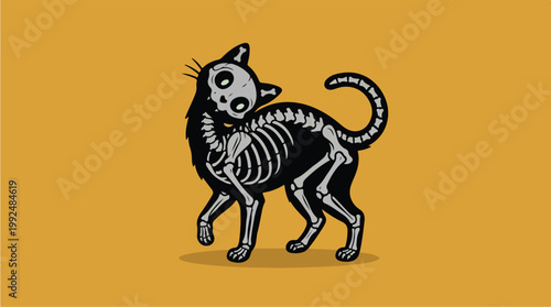 Halloween Black Cat Skeleton Illustration.