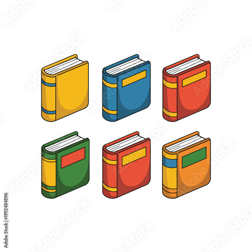 Books arranged in a collection show various colorful covers in an isometric design.