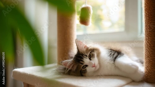 Fluffy cat playing with toy mouse and scratching post pet photography showing a fluffy long-haired domestic cat resting beside a vertical scratching post while playing with a small