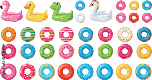 Inflatable pool floats and colorful donuts collection set summer beach accessories sweet desserts vector illustration isolated design elements