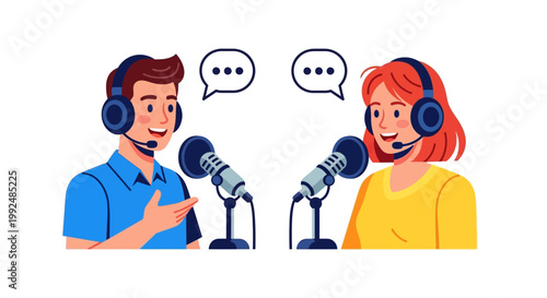 Two people talking on a podcast.