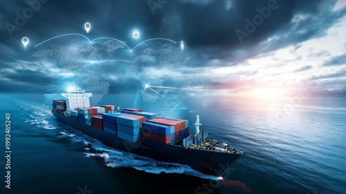 Container ship sailing across ocean with digital logistics network, smart cargo tracking, global trade, maritime transport, supply chain security and shipping technology with copy space