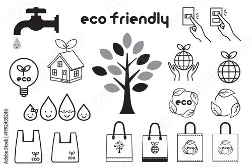 環境に優しいエコロジーイメージのモノクロアイコン　イラストセット