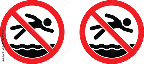 No diving sign no jumping sign for swimming pool safety warning symbol with red prohibition circle isolated background