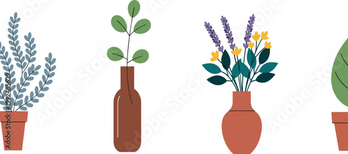 Minimalist indoor plants in pots and vases set, modern home decor botanical illustration isolated on white background with soft colors