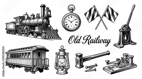 Vintage Railway Vector Illustration Set with Steam Locomotive, Train Carriage, Pocket Watch, and Antique Railway Tools in Engraving Style
