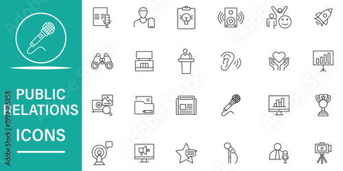 Vector icons for public relations, media engagement, strategic communication, and digital content creation, ideal for branding, presentations, and marketing materials