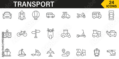 A collection of transport icons illustrating various modes of transportation and related services for user interface and infographic design purposes