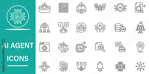 AI Agent Icons set, representing artificial intelligence, machine learning, and automation concepts for digital applications and interfaces
