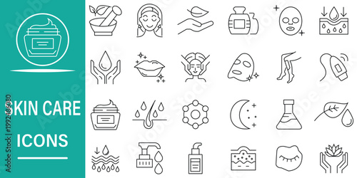 Set of skin care icons with elements like cream jar, hand, leaf, face mask, serum, water drop, lips, and laboratory flask, showcasing beauty and cosmetic routine