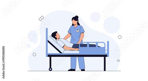 Nurse Caring for Patient in Hospital Bed, Healthcare Illustration