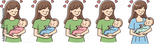 Mother holding sleeping baby vector set with love hearts newborn care and gentle parenting illustration collection