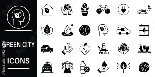 Extensive vector icon collection for green city initiatives, sustainable urban development, eco-friendly technology, and environmental protection concepts