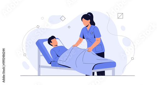 Nurse caring for patient in hospital bed, medical illustration