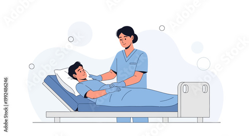 Nurse caring for patient in hospital bed, medical illustration