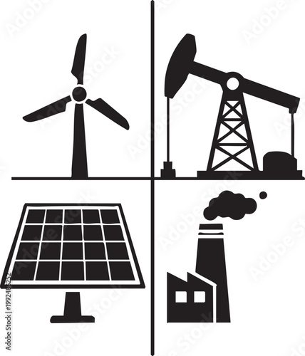 Global energy production sources including solar wind oil and industry
