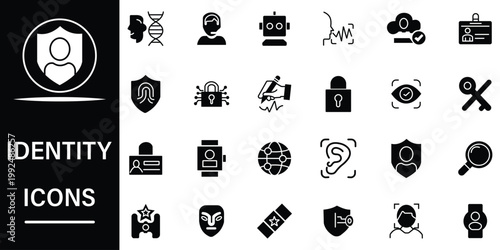 Set of Identity and Security Icons Featuring Biometrics, Access Control, and Personal Information Protection for Digital and Physical Security Concepts