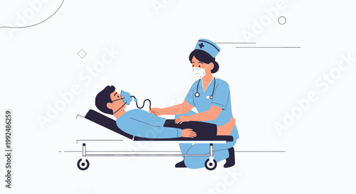Nurse Caring for Patient on Stretcher with Oxygen Mask - Medical Illustration