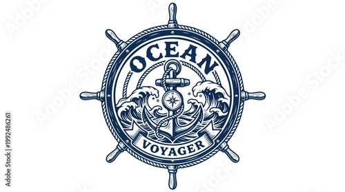Ocean Voyager nautical emblem with ships wheel and anchor.