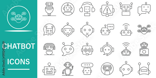 Collection of friendly and modern chatbot icons, designed for user interface and user experience, featuring various robot faces and communication symbols for digital platforms