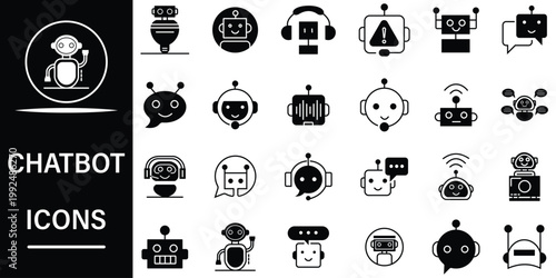 Collection of chatbot and robot icons representing artificial intelligence, communication, and customer service in technology and digital assistance