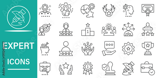 Vector Graphics of Expert Icons Representing Knowledge, Skill, Success, Strategy, and Professional Achievements in Business and Personal Development