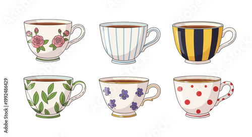 Charming Tea Cups Collection: Vintage Floral, Striped, Polka Dot, Botanical Designs
