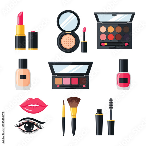 Cosmetics Flat Lay: Lipstick, Eyeshadow, Mascara, Nail Polish, Makeup Brushes