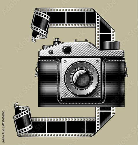 A photographic camera film with twisted ends and a vintage camera in front view.  vector illustration in black and white engraving style.