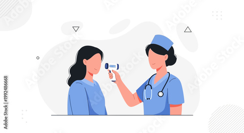 Nurse checks patient's temperature with infrared thermometer, healthcare concept