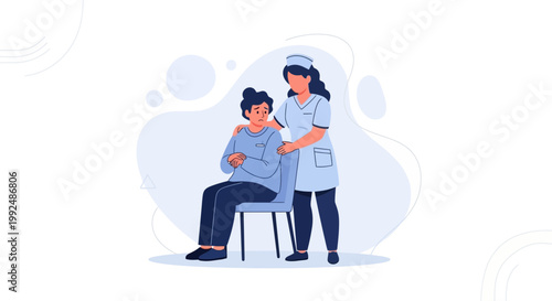 Nurse comforting patient in chair, healthcare support, empathy, medical care