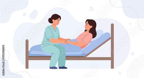 Nurse comforting patient in hospital bed, healthcare, medical care, support, compassion