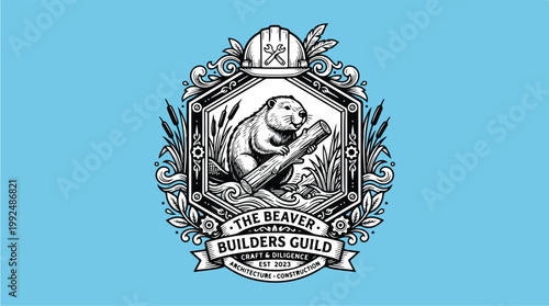 The Beaver Builders Guild Emblem with Beaver Holding Log.