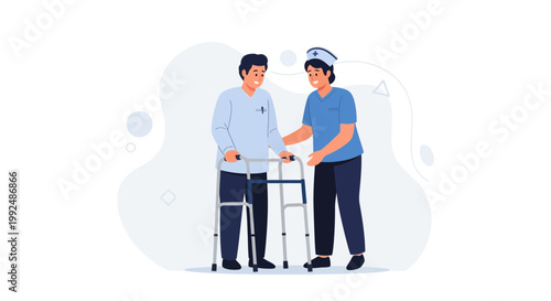 Nurse assisting elderly man with walker, rehabilitation and care concept