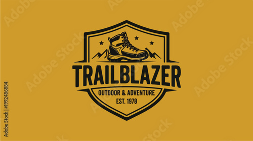 Trailblazer Outdoor Adventure Logo with Hiking Boot and Mountains Emblem.