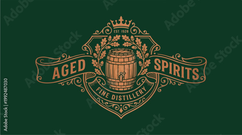 Vintage Aged Spirits Distillery Emblem with Barrel.