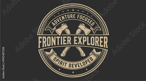 Vintage adventure explorer logo with crossed axes design.