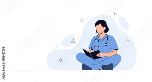 Nurse Reading Book Sitting Cross-legged, Medical Education, Healthcare Learning