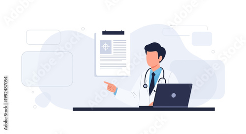 Doctor pointing at medical chart near laptop, online consultation concept