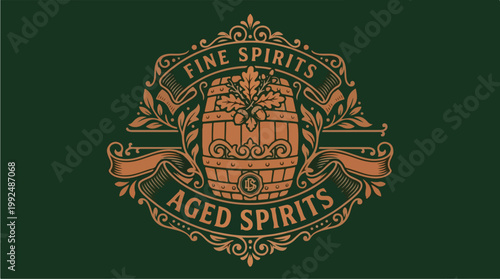 Vintage Aged Spirits Emblem with Barrel and Grapes.