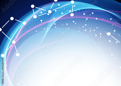 ネットワーク構造と光の曲線が重なり合う近未来的抽象背景、データ通信やテクノロジーを象徴するデジタルビジュアル素材