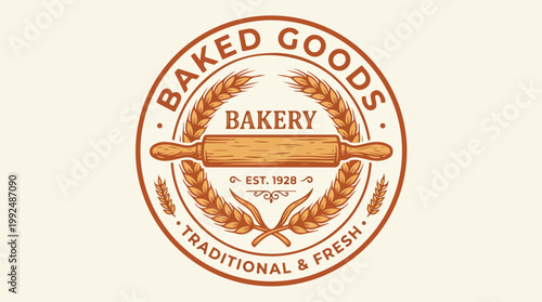 Vintage Bakery Logo with Rolling Pin and Wheat Stalks.