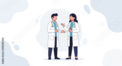 Two doctors in white coats discussing medical information, flat illustration style.