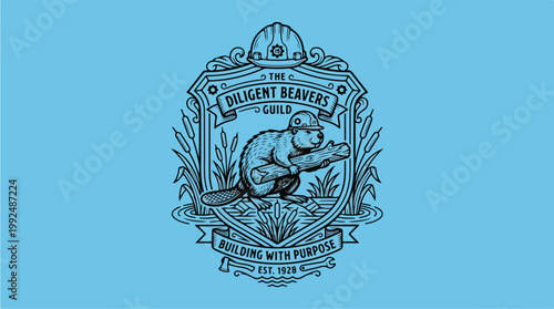Vintage Emblem of a Diligent Beaver Building with Wood.