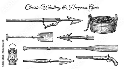 Vintage Whaling and Harpoon Gear Vector Set. Hand Drawn Engraving Style Illustration of Nautical Tools, Harpoons, Harpoon Gun, Rope Bucket, Oars, and Lantern for Maritime History.