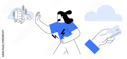 Food allergies, intolerance, digestive health, dietary restrictions, lacto-free lifestyle, wellness awareness. A woman rejecting dairy products with a stomach ache. Food allergies and digestive