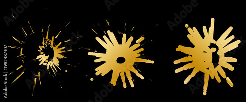 黒背景に広がる高級感あふれるゴールドインクスプラッシュと放射状の飛沫が印象的な抽象デザイン素材