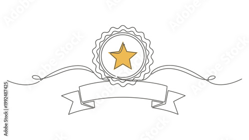 Continuous single line drawing of an award badge with a star and a ribbon banner.