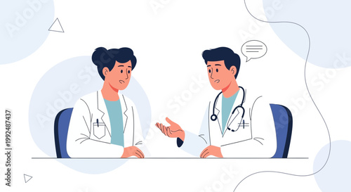 Two doctors in white coats discussing medical case at desk, healthcare concept